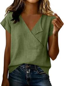 JOAU - Camisetas de algodón y lino para mujer, estilo casual, manga corta, cuello en V, holgadas, ligeras, de gasa - Gris - Ver 15