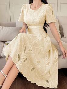 Vestido de verano de media longitud con cuello redondo, mangas de pétalo y encaje floral elegante para mujer - Albaricoque 2 - Ver 6
