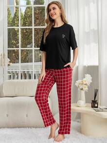 Conjuntos de pijama para mujer con cuello de rosca, top de manga corta y pantalones largos a cuadros, ropa de dormir de 2 piezas para otoño, primavera y invierno. - Negro - Ver 7