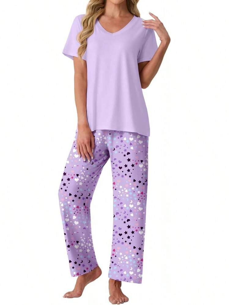 PrinStory - Conjunto de pijama suave de 2 piezas para mujer, conjunto de pijama casual de manga corta con bolsillos - Punto azul - Añade 1