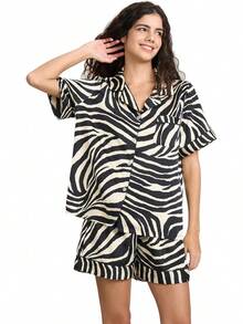 YiNi LuLu - Conjunto de pijama de satén de seda para mujer, 2 piezas, pijama de manga corta, de gran tamaño, con bolsillos - Conjunto corto de leopardo - Ver 24