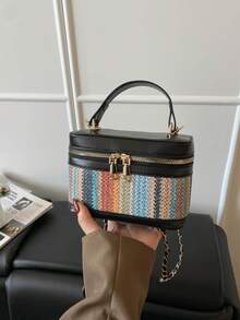 Bolso pequeño cuadrado con patrón tejido de colores contrastantes para mujer, nuevo 2026, estilo vintage, caja de maquillaje de mano, mini bolso bandolera con cadena - Negro - Ver 6
