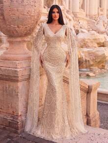 Elegant Beaded V-Neck Mermaid Maxi Dress With Floor Length Sleeves - Luxury Formal Gown For Autumn/Winter, Wedding, And Formal Events Party Fall - Champagne - View 5