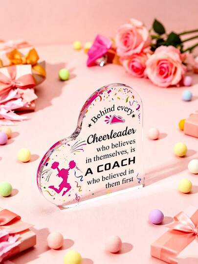 1pc Heart-Shaped Clear Acrylic Plaque, Printed With Inspirational Quotes Cheerleading Thank You Gift, Cheerleading Team Appreciation Souvenir, Desktop Decor, Suitable For Graduation, Birthday, Thanksgiving Gifts
