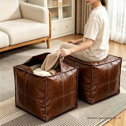 15.-Inch Square Pouf Old Clothes Storage, Lazy Sofa Footrest & Toy Blanket Organizer, No Fill, Brown, Living Room Bedroom Unstuffed Faux Leather Ottoman Cover