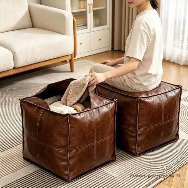 15.-Inch Square Pouf Old Clothes Storage, Lazy Sofa Footrest & Toy Blanket Organizer, No Fill, Brown, Living Room Bedroom Unstuffed Faux Leather Ottoman Cover