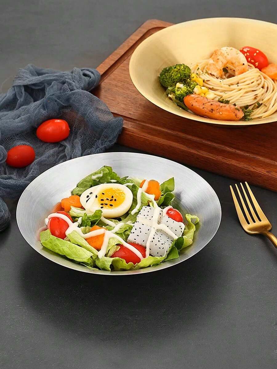 Stainless Steel Fruit Salad Bowl Restaurant Pasta Plate Cold Dish Plate Ramen Bowl Dish Plate Restaurant Deep Plate Dinner Plate Dessert Bowl Round Fruit Plate Home Dish Plate - Silver - View 1