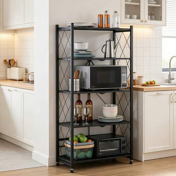 Industrial Black Diamond Grid Foldable Display Shelf With Casters, 160cm Tall 5-Tier Wheeled Storage Organizer, Decor Freestanding Rack For Modern Kitchen Pantry Living Room Decor