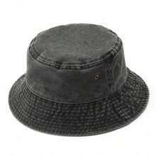 1 Piece Women's Washed Solid Color Bucket Hat, Distressed Foldable Fishing Cap, Unisex Outdoor Sun Protection, Suitable For Daily Wear - Black - View 1