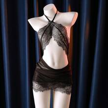 2-Piece Sexy Lingerie Set For Women Party Club Dress, Lace Bodycon Halter Neck Secretary Roleplay Nightgown - Black - View 1