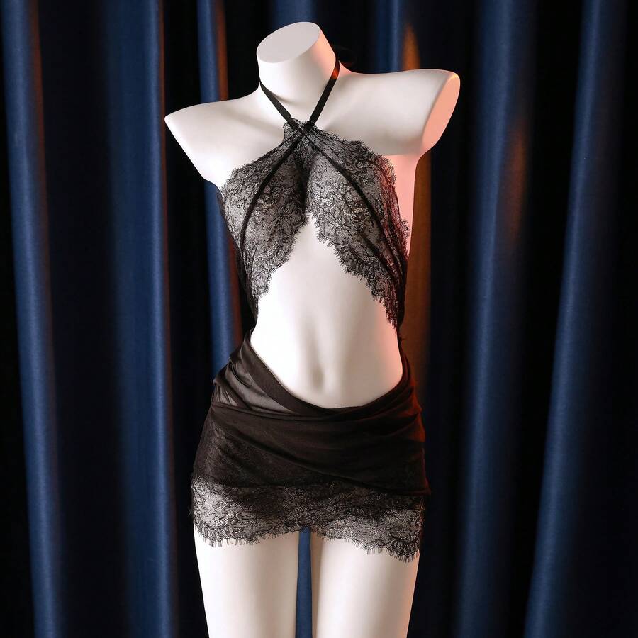 2-Piece Sexy Lingerie Set For Women Party Club Dress, Lace Bodycon Halter Neck Secretary Roleplay Nightgown - Black - View 1