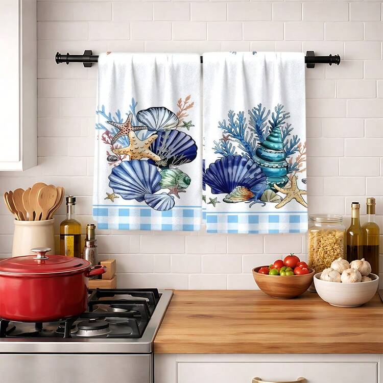 2/4/6pcs Set, Dish Towel, Shell And Starfish Pattern Printed Towels, Kitchen Cooking And Baking Tea Towels, Dishcloth, Cleaning Towels, Hand Towels, Tea Towels, Super Soft And Highly Absorbent, Kitchen Decor, Kitchen Accessories, Daily Necessities, Life Essentials. - Multicolor - View 4