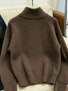 Korean Style Vintage Dark Brown High Neck Zipper Versatile Knit Sweater - Coffee Brown - View 3