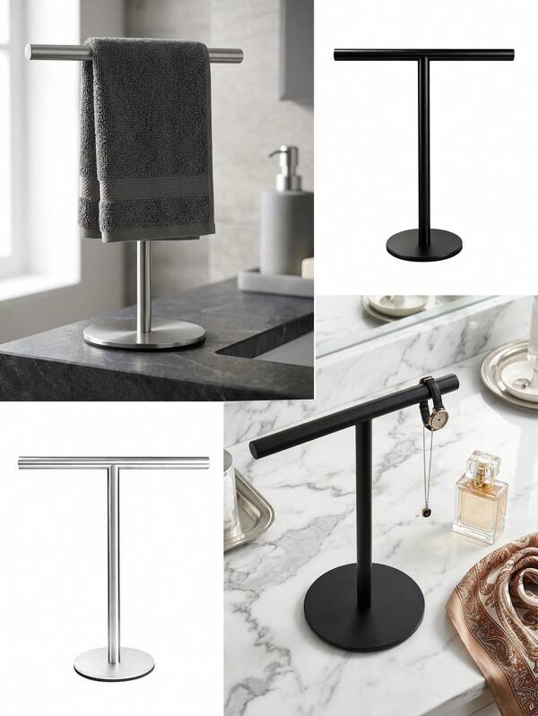 1pc Stainless Steel T-Shaped Towel Bar - Bathroom & Kitchen Countertop Towel Rack, Fashion Design Black & Silver Towel Rack, Kitchen Bathroom Bedroom Multi-Scene Storage
