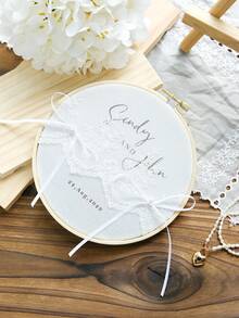 Takeoak 1pc Customized Lace Wedding Ring Pillow, Personalized Ring Holder With Name And Date Engraving, Pearl Bowknot, Rustic Elegant Round Ring Cushion, Multi-Layer Ring Display, Romantic Bridal Ceremony Decor, Engagement Anniversary Gift, Wedding Accessory - Multicolor - View 13