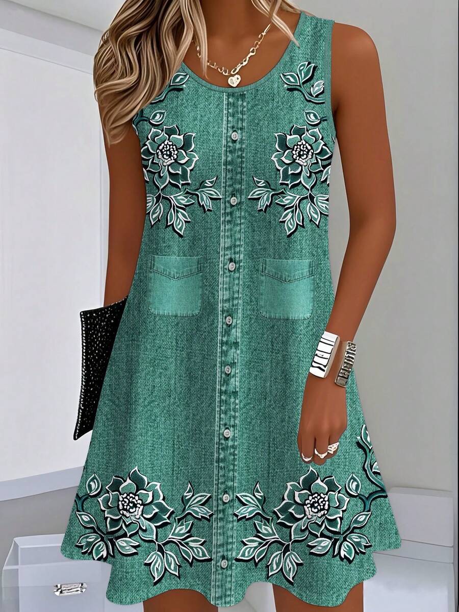 Summer Dress With Color Gradient And Plant Print, Vintage Style, Sleeveless, Loose And Flattering Cut. - Green - View 1