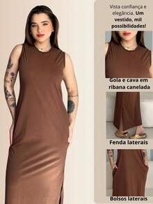 Basic Long Dress Casual Elegant Side Opening Pocket 100% Premium Cotton - 深棕色 - 查看 6