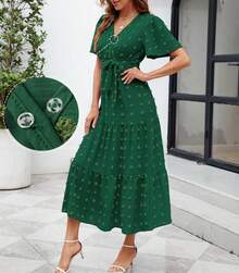 COLIZAMX Vestido Largo para Mujer de Verano con Cuello en V Vestido Elegante de Sólido Manga Corta - Verde oscuro - Ver 4