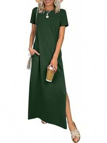 ANRABESS - Vestido largo casual de verano para mujer, manga corta, cuello redondo, dividido, sin arrugas, para viajes, playa, día festivo - Verde bosque - Ver 9