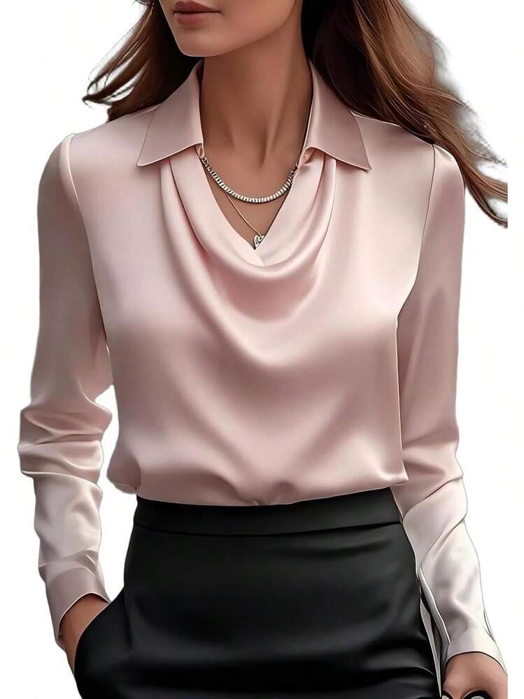 sa de satén con cuello dudete para mujer Genérico – Elegantes blusas de seda de manga larga, camisas de trabajo casuales y elegantes para oficina, invitadas de boda y atuendos escolares 2025 - Negro - Añade 8