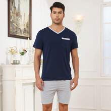 Tefola Pijama para Hombre Conjunto de Pijama de Algodon Pijama Manga Corta y Pantalones Cortos, Cuello en V Ropa de Dormir Hombre, Pijamas de Dos Piezas, Casual y Cómoda - Azul marino - Ver 2