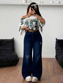 Light Blue Washed Straight-Leg Denim Trousers With Rips, Mid-Rise Waist, Elasticated And With An Elegant Drape - Dark Blue - View 2