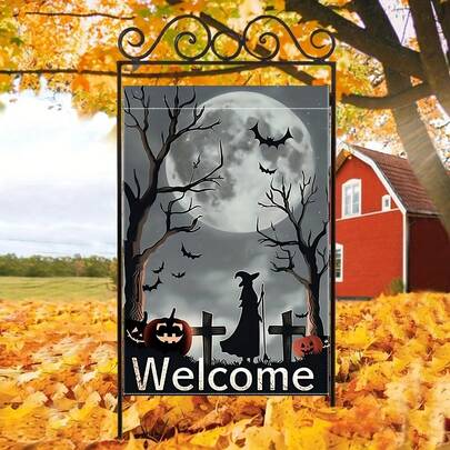1 pieza - Bandera de jardín de Halloween, bandera de bienvenida de poliéster de doble cara de 12*18 pulgadas con calabaza de bruja aterradora, murciélagos divertidos y decoración de temporada.