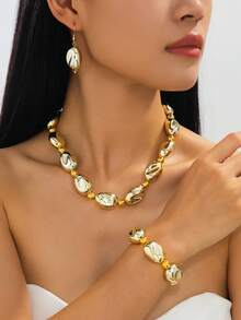 Conjunto de joyería vintage francés de alta gama con collar, pulsera y pendientes con cuentas de piedras preciosas asimétricas, elegante accesorio de nicho como regalo para mujeres - Amarillo Oro - Ver 1
