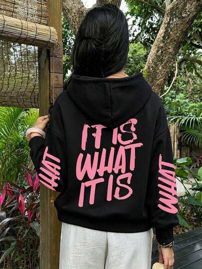 Áo nỉ tay dài có túi cho nữ size lớn, phong cách thường ngày, họa tiết in chữ slogan, màu đen, thu đông