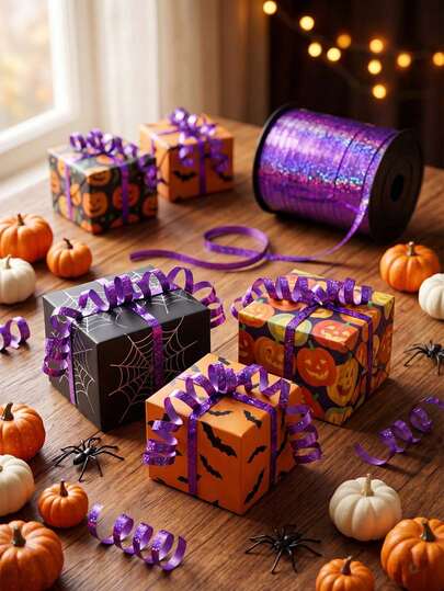1 Roll Purple Curly Ribbon - 500 Yards Shiny Metallic Curly Ribbon, Suitable For Halloween Gift Wrapping, Halloween Balloons, Halloween Birthday Party Crafts, Gift Wrapping, Balloon String, Party And Holiday, Floral Arrangements