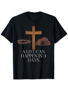 Camiseta de Pascua Cristiana para Hombre de 180 g/m² - Ropa Religiosa con Diseño de Cruz Marrón y "Muchas cosas pueden ocurrir en 3 días" - Atuendo para la Iglesia el Domingo de Pascua, Cami - Negro - Ver 1