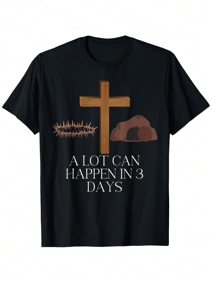 Camiseta de Pascua Cristiana para Hombre de 180 g/m² - Ropa Religiosa con Diseño de Cruz Marrón y "Muchas cosas pueden ocurrir en 3 días" - Atuendo para la Iglesia el Domingo de Pascua, Cami - Negro - Ver 1