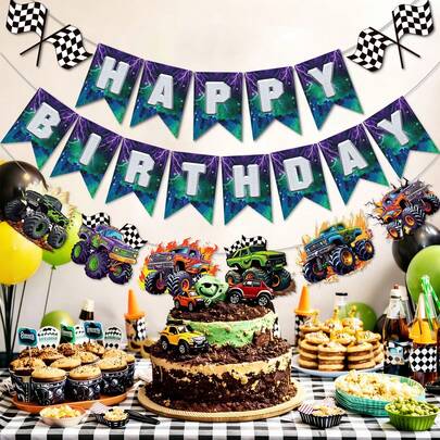 Pancartas de Cumpleaños de Cuatrimoto, Decoraciones de Cumpleaños de Coche Todoterreno para Niños, Tema de Carreras Deportivas