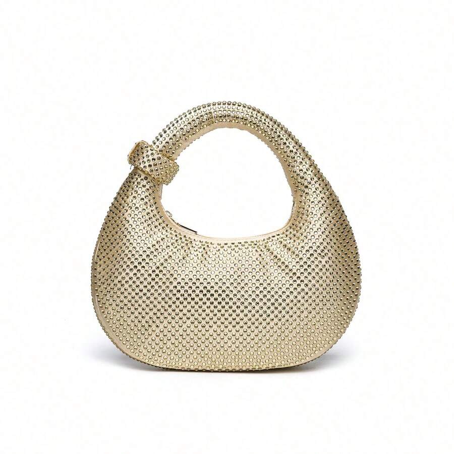Mini Hobo Bag In A Crescent Shape, Fully Covered In Rhinestones, Integrated Circular Handle With Bow, Zipper, Various Colors, Women's Party, Wedding, Birthday Gift - Brown - View 1