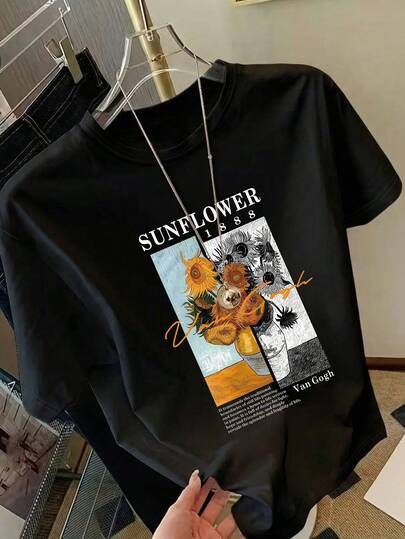 Plus Size Women's Daily Van Gogh Sunflower Print Round Neck Short Sleeve Casual Spring/Summer/Fall T-Shirt