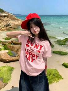 Kaos Anak Perempuan Gaya Y2K Generasi Z Terbaru Musim Panas, Warna Merah, Motif Bahasa Inggris, Kerah Bulat, Warna Pink Kasual - Berwarna merah muda - View 4