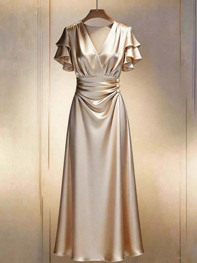 coración de botones para mujer, vestido de seda, vestido ajustado de satén, vestido de satén champán, vestido largo de fiesta, vestido de seda elegante, vestido de lujo, vestido estilo diosa - Champán - Añade 1
