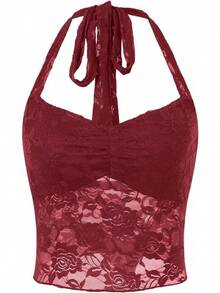 Camisolas Sexys De Encaje Para Mujer Para Salir, De Verano, Con Nudo Fruncido, Con Estampado Floral, Transparentes - Blanco - Ver 8