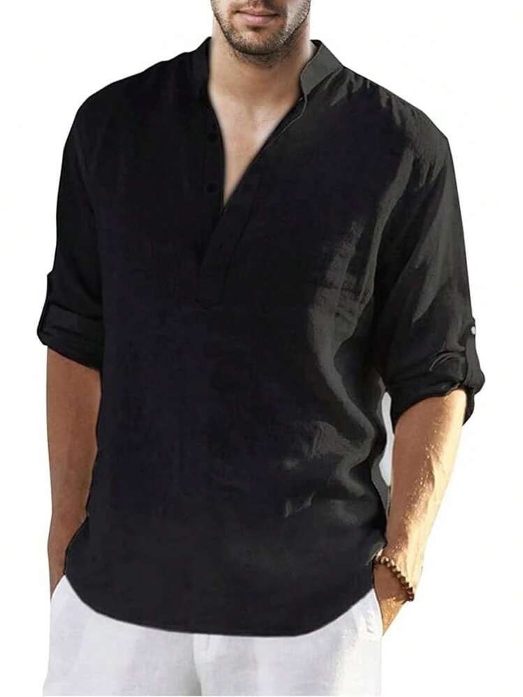 VictorFit Camisa de algodón y Lino para Hombre, Manga Larga, Estilo Hippie, Casual, para la Playa - Azul Oscuro - Añade 7