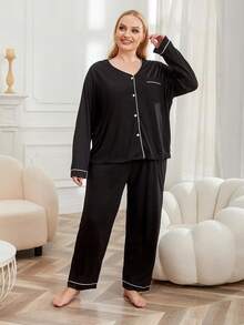 Conjunto de Pijama para Mujer Talla Grande, Cuello en V, Botones Frontales, 2 Piezas, Ropa de Dormir de Manga Larga para Otoño, Color Sólido, Ropa de Casa Femenina - Negro - Ver 3