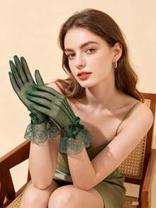 1 Pair Green Lace Gloves, Suitable For Party, Wedding, Opera, Afternoon Tea Gathering And Other Occasions, Also Suitable For Summer Beach. Women's Lace Gloves, Versatile For Daily Wear, Wedding Bride Accessory - Green - View 3