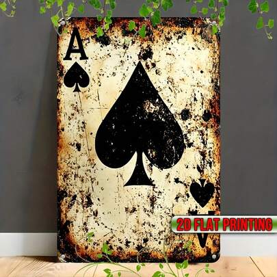 1pc 2D Flat Vintage Ace Of Spades Metal Wall Art, 20.32cm X 30.48cm, UV Printed Iron Decorative Sign With English Text, Suitable For Home, Bar, Man Cave - Easy To Hang, Poker Card Design, Pre-Drilled Holes, Poker Room Decor, Perfect For Room Decoration, Pre-Drilled Holes As Shown In Size Chart