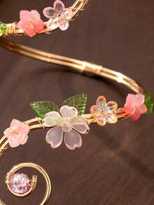 1件波希米亞風海灘花卉手臂飾品，可調節金色手臂配件，附粉色花朵與綠葉吊墜，夏季度假女性手臂珠寶 - 金黃色 - 查看 3