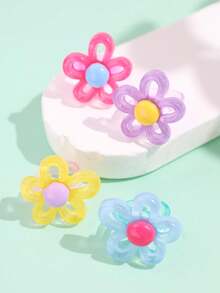 Juego de 4 piezas/Set de anillos de resina con diseño único, elegante, exquisito, divertido y colorido con flores, para uso diario, vacaciones y joyería de fiesta - Multicolor - Ver 8