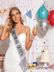 1組銀色生日女孩披肩、水鑽皇冠髮箍套組，生日派對配件 - 均碼 - 查看 2