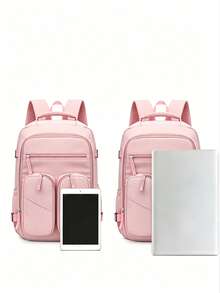 Mochila casual de uso diario con bloques de color y múltiples bolsillos de nylon para mujer, adecuada para la escuela, viajes y trabajo (Mochila de vuelta a la escuela) - Rosa - Ver 7
