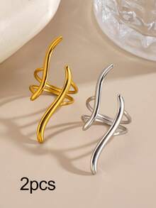 1pc Stainless Steel 18K Gold Plated Minimalist Wave Line Ring, Suitable For Women's Daily Wear And Parties - Multicolor - View 9