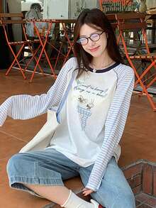 Women's Slogan Striped Long Sleeve Crew Neck Casual T-Shirt - Blue - View 2