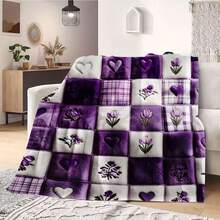 Autumn/Winter Flannel Heart & Floral Patchwork Blanket, Soft Skin-Friendly Double-Sided Flannel Throw, All-Season Use For Bedroom, Living Room, Sofa, Office Nap, Romantic Purple Heart Embroidery + Floral Print Patchwork Design, Gentle Healing Atmosphere, Fine Plush Lock-In Warmth, Non-Irritating, Suitable For Home Leisure/Office Break/Travel, Women's Day Gift - Multicolor - View 8