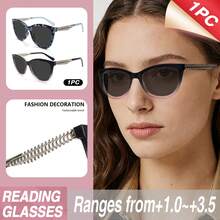1pc Oversized Cat Eye Grey Lens Reading Glasses, Leopard Print Design, With High-Quality Metal Hinges, Suitable For Women's Daily Wear - Ash - View 1